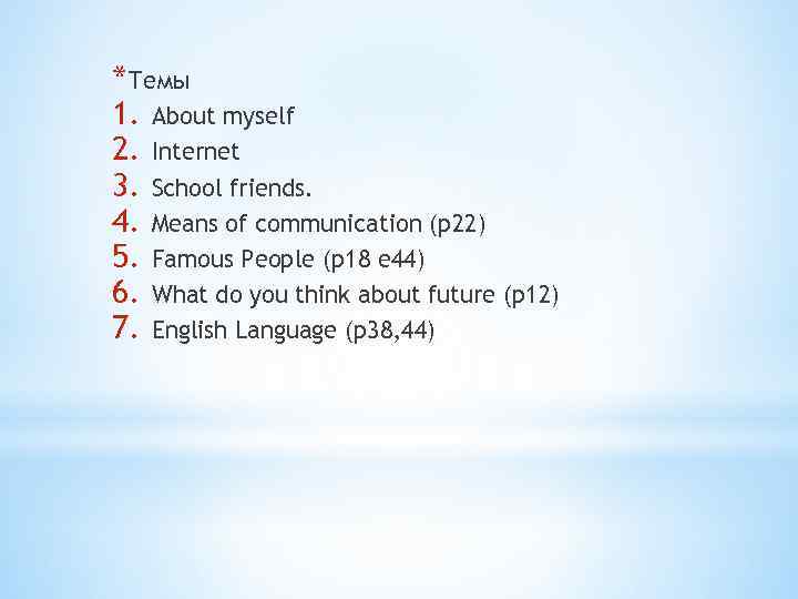 *Темы 1. About myself 2. Internet 3. School friends. 4. Means of communication (p