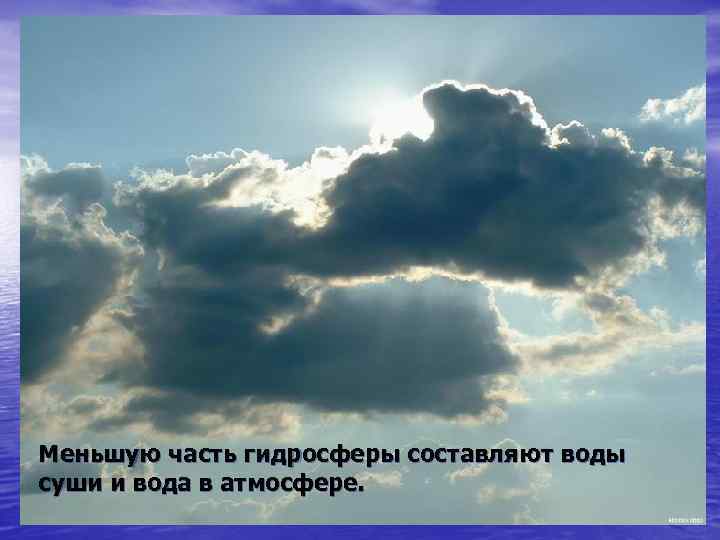 Меньшую часть гидросферы составляют воды суши и вода в атмосфере. 