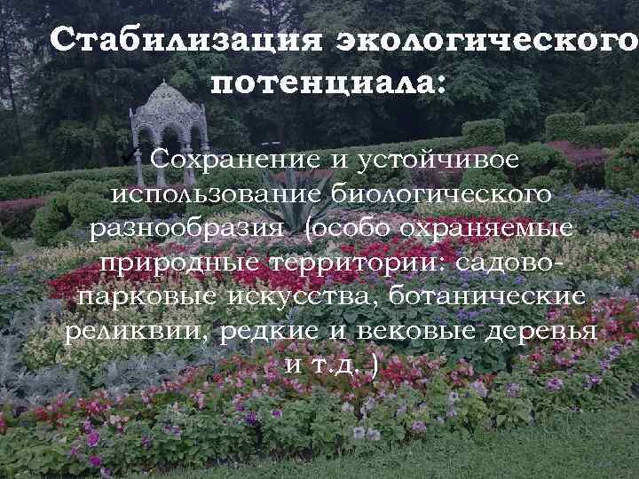 Стабилизация экологического потенциала: ü Сохранение и устойчивое использование биологического разнообразия (особо охраняемые природные территории: