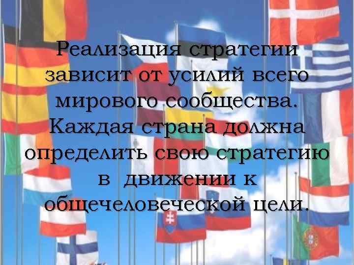 Реализация стратегии зависит от усилий всего мирового сообщества. Каждая страна должна определить свою стратегию