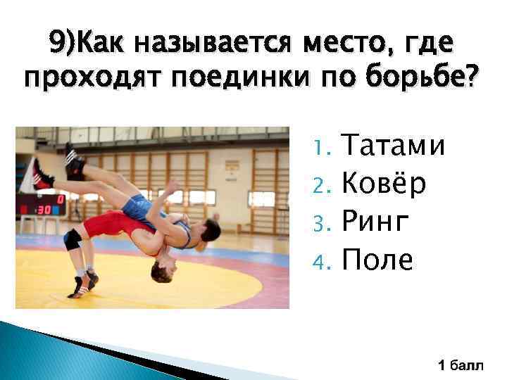 9)Как называется место, где проходят поединки по борьбе? 1. 2. 3. 4. Татами Ковёр