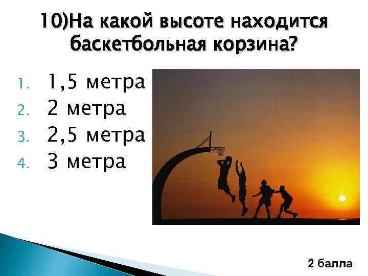10)На какой высоте находится баскетбольная корзина? 1. 2. 3. 4. 1, 5 метра 2,