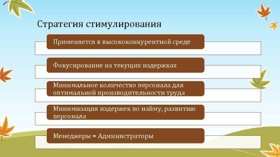 Стратегия стимулирования Применяется в высококонкурентной среде Фокусирование на текущих издержках Минимальное количество персонала для