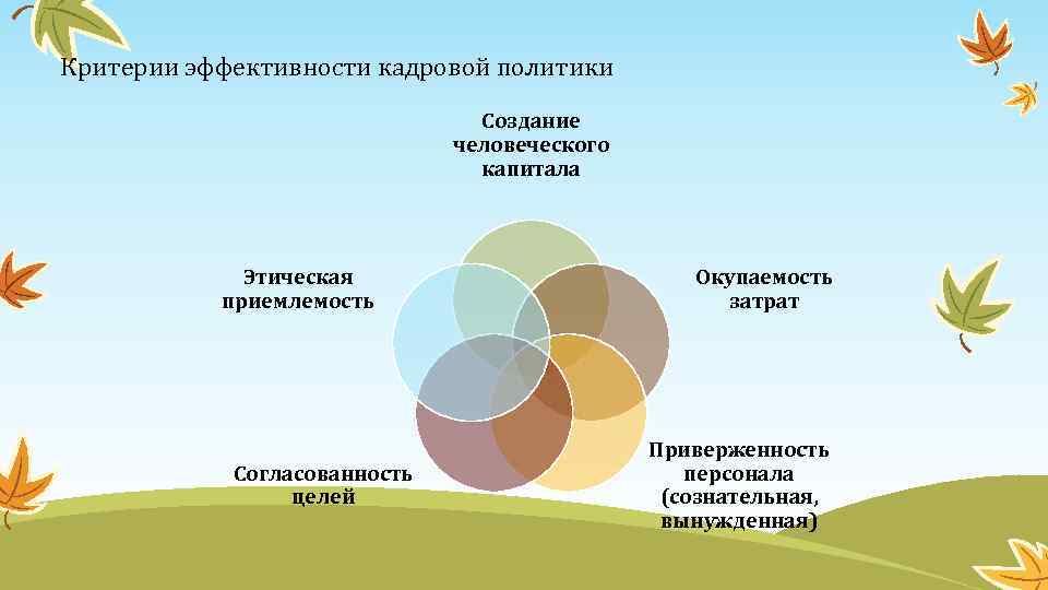 Критерии эффективности кадровой политики Создание человеческого капитала Этическая приемлемость Согласованность целей Окупаемость затрат Приверженность