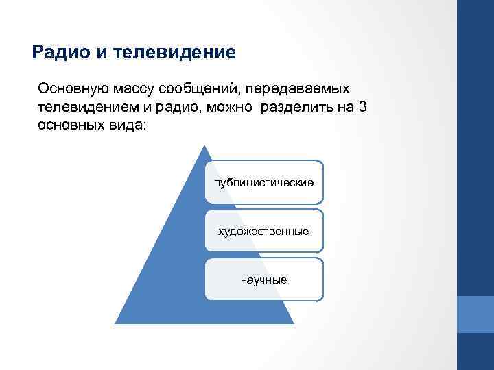 Радио и телевидение Основную массу сообщений, передаваемых телевидением и радио, можно разделить на 3