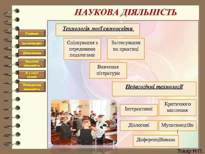 НАУКОВА ДІЯЛЬНІСТЬ Технологія моєї самоосвіти Головна Автопортрет Досягнення Наукова діяльність Я у світі людей