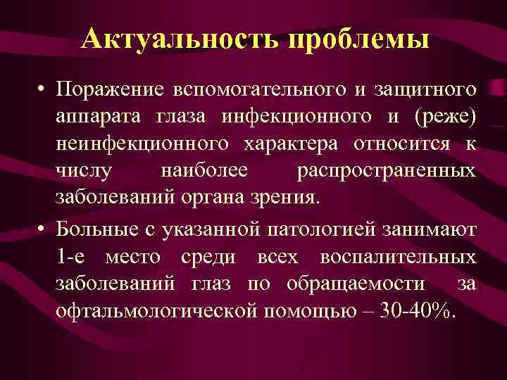 Актуальность проблемы • Поражение вспомогательного и защитного аппарата глаза инфекционного и (реже) неинфекционного характера