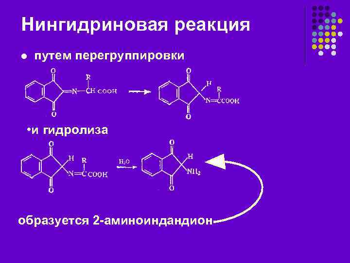 Нингидриновая реакция l путем перегруппировки • и гидролиза образуется 2 -аминоиндандион 