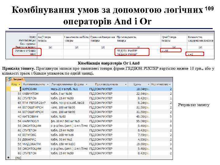 Комбінування умов за допомогою логічних 109 операторів And і Or Комбінація операторів Or і