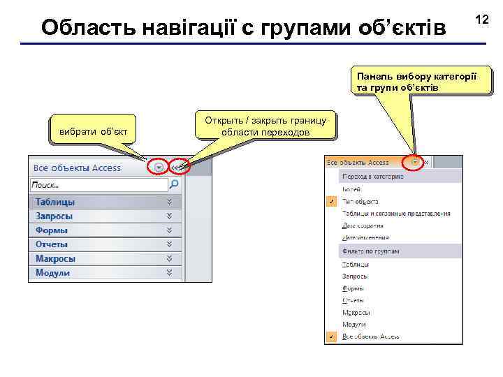 Область навігації с групами об’єктів 12 Панель вибору категорії та групи об’єктів вибрати об’єкт