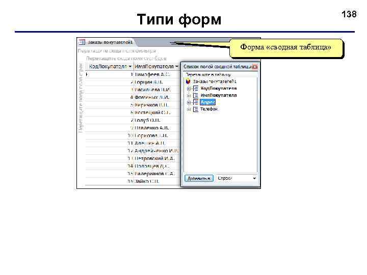 138 Типи форм Форма «сводная таблица» 