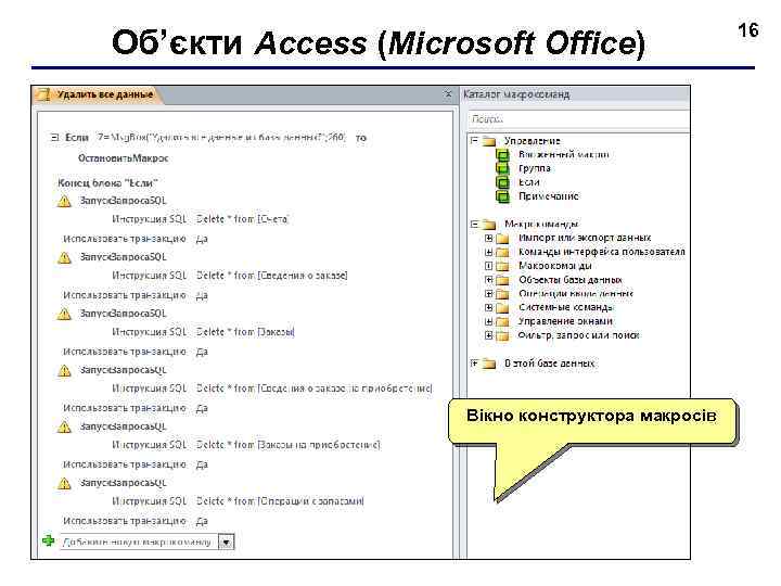 Об’єкти Access (Microsoft Office) Вікно конструктора макросів 16 