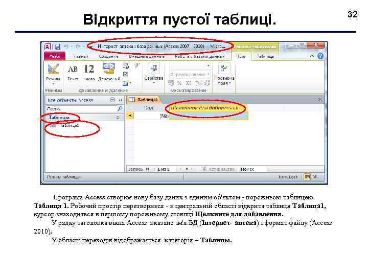 Відкриття пустої таблиці. Програма Access створює нову базу даних з єдиним об'єктом порожньою таблицею