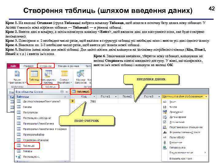 Створення таблиць (шляхом введення даних) 42 Крок 1. На вкладці Создание (група Таблицы) вибрати
