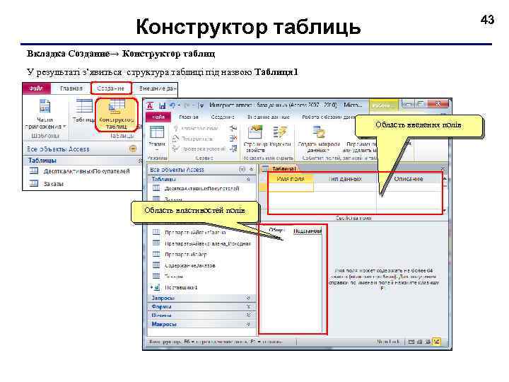 43 Конструктор таблиць Вкладка Создание→ Конструктор таблиц У результаті з’явиться структура таблиці під назвою