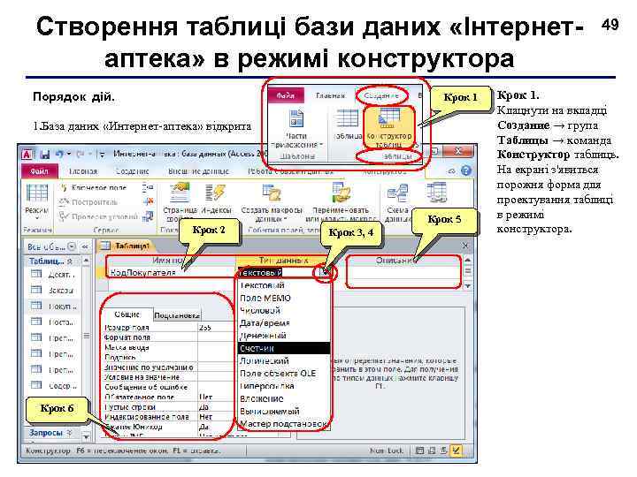 Створення таблиці бази даних «Інтернетаптека» в режимі конструктора Порядок дій. Крок 1 1. База