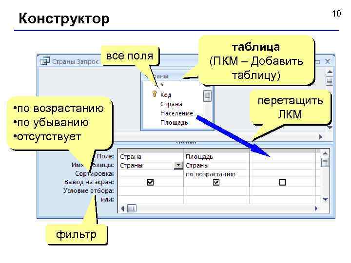 10 Конструктор все поля • по возрастанию • по убыванию • отсутствует фильтр таблица