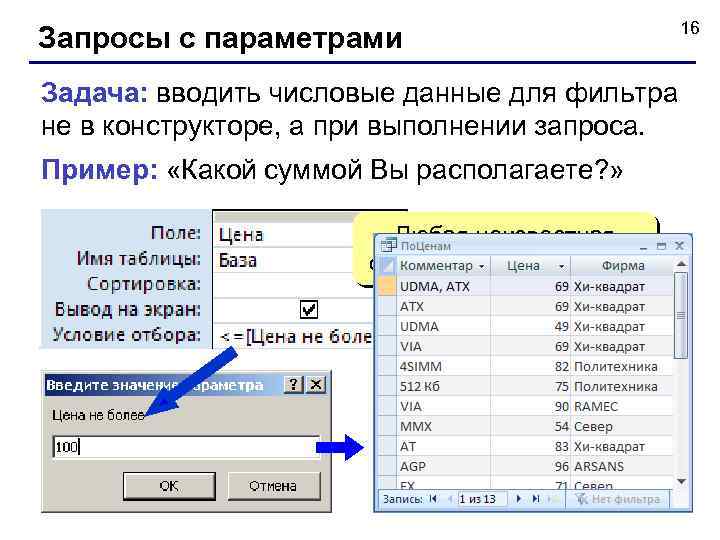 Запросы с параметрами Задача: вводить числовые данные для фильтра не в конструкторе, а при