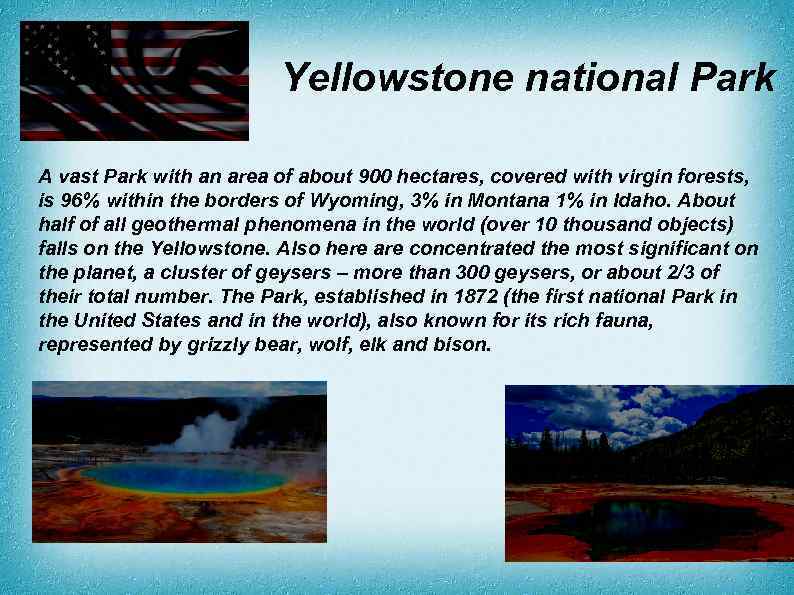 Yellowstone national Park A vast Park with an area of about 900 hectares, covered