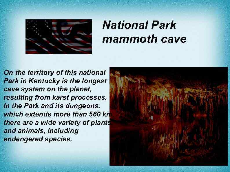 National Park mammoth cave On the territory of this national Park in Kentucky is