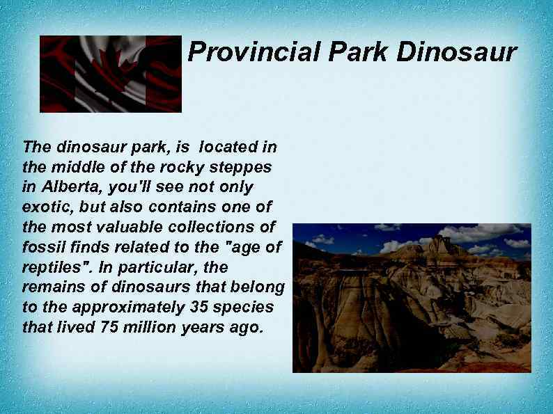 Provincial Park Dinosaur The dinosaur park, is located in the middle of the rocky