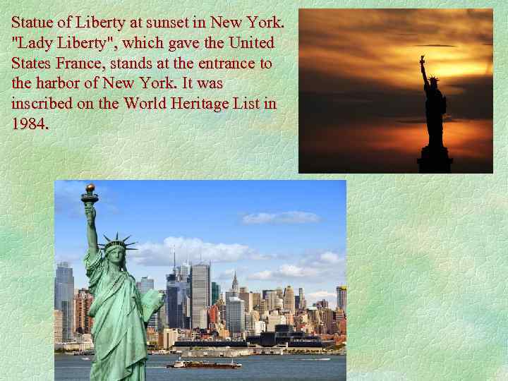 Statue of Liberty at sunset in New York. 