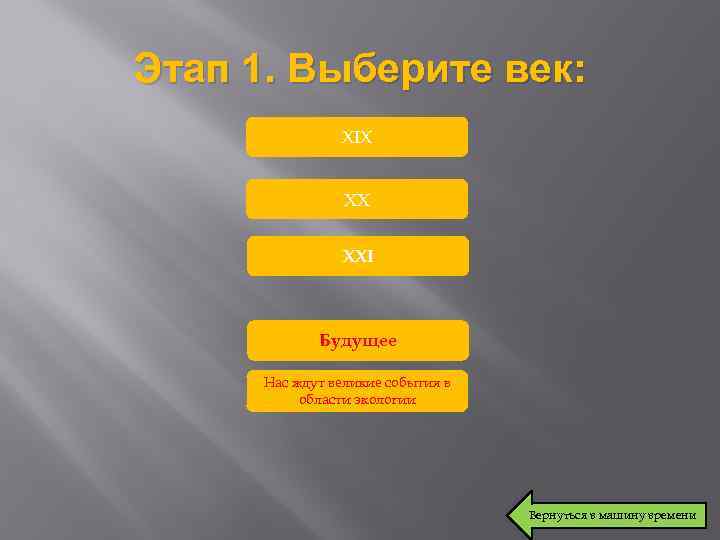 Этап 1. Выберите век: XIX XX XXI Будущее Нас ждут великие события в области