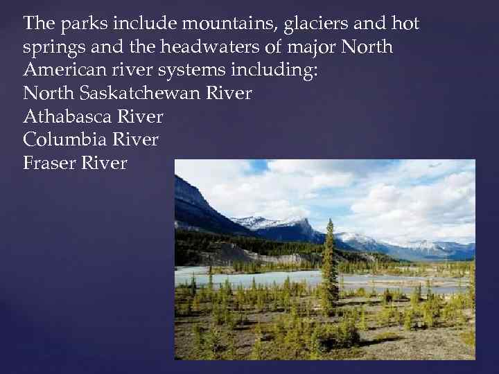 The parks include mountains, glaciers and hot springs and the headwaters of major North