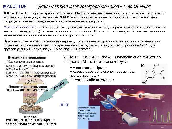 MALDI-TOF (Matrix-assisted laser desorption/ionization - Time Of Flight) TOF – Time Of Flight –