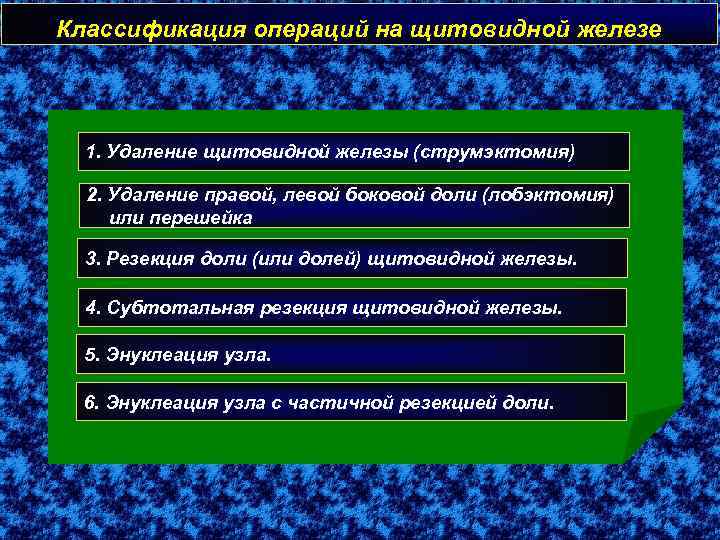 Классификация операций на щитовидной железе 1. Удаление щитовидной железы (струмэктомия) 2. Удаление правой, левой