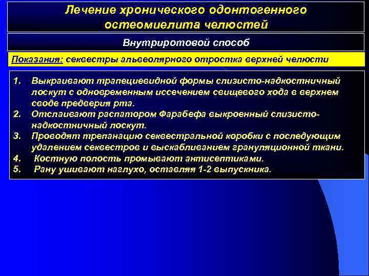 Лечение хронического одонтогенного остеомиелита челюстей Внутриротовой способ Показания: секвестры альвеолярного отростка верхней челюсти 1.