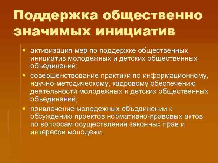 Поддержка общественно значимых инициатив § активизация мер по поддержке общественных инициатив молодежных и детских