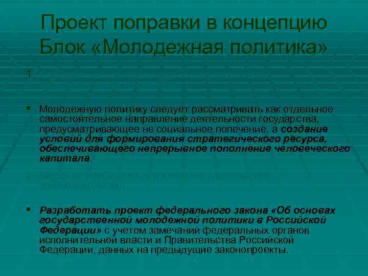 Проект поправки в концепцию Блок «Молодежная политика» 1. Определение места молодежи в стратегических государственных