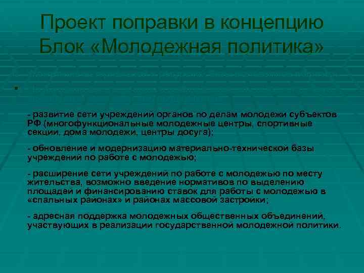 Проект поправки в концепцию Блок «Молодежная политика» 3. Укрепление материальной и ресурсной базы молодежной