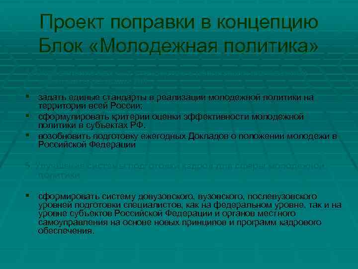 Проект поправки в концепцию Блок «Молодежная политика» 4. Определение единых стандартов в реализации молодежной