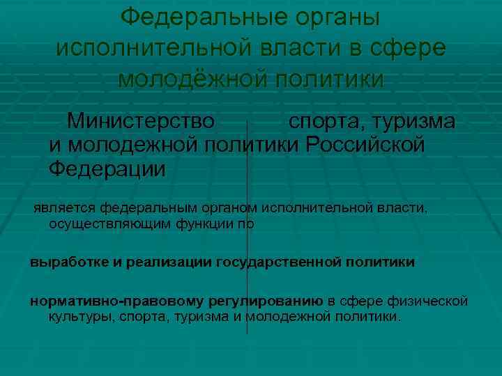 Федеральные органы исполнительной власти в сфере молодёжной политики Министерство спорта, туризма и молодежной политики