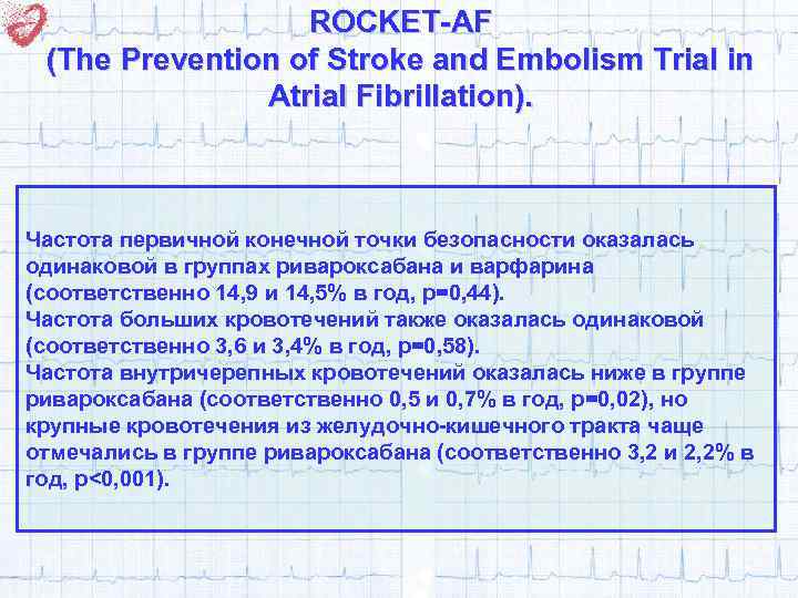 ROCKET-AF (The Prevention of Stroke and Embolism Trial in Atrial Fibrillation). Частота первичной конечной