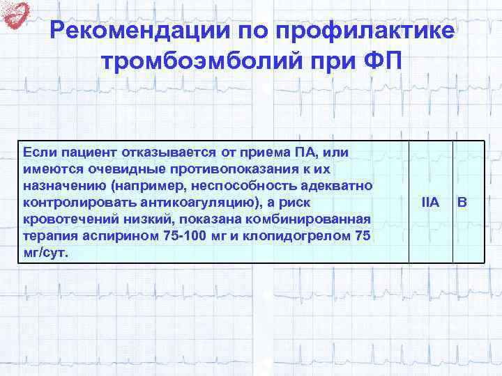 Рекомендации по профилактике тромбоэмболий при ФП Если пациент отказывается от приема ПА, или имеются