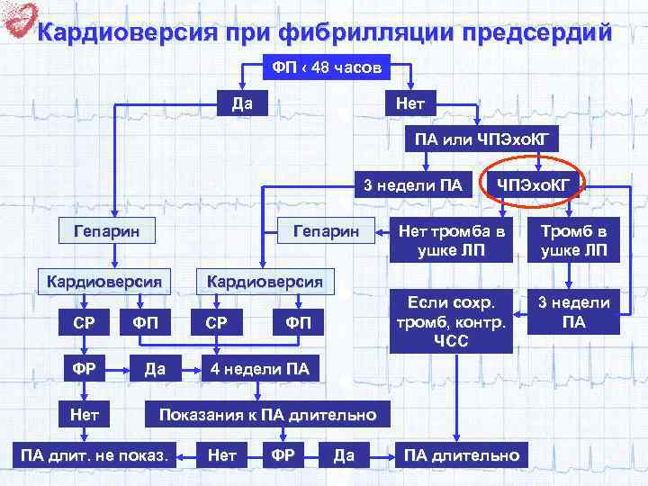 Кардиоверсия при фибрилляции предсердий ФП ‹ 48 часов Да Нет ПА или ЧПЭхо. КГ