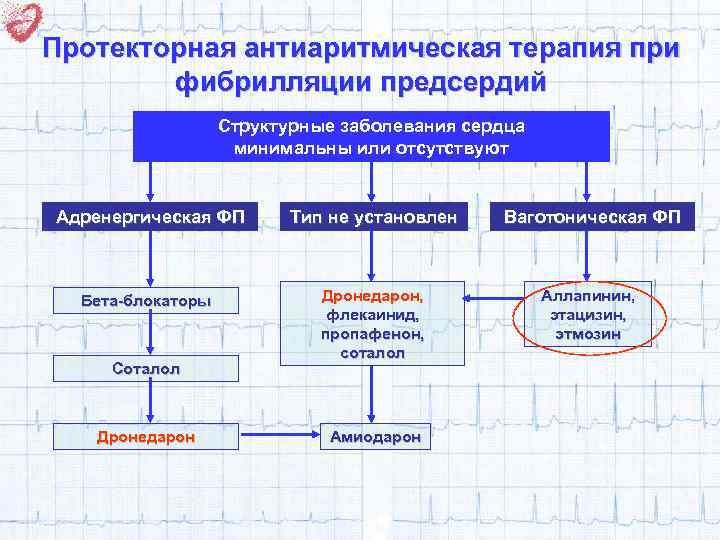 Протекторная антиаритмическая терапия при фибрилляции предсердий Структурные заболевания сердца минимальны или отсутствуют Адренергическая ФП