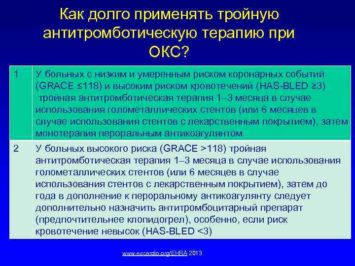 Как долго применять тройную антитромботическую терапию при ОКС? 1 У больных с низким и