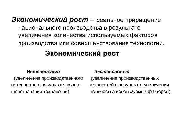 Экономический рост – реальное приращение национального производства в результате увеличения количества используемых факторов производства