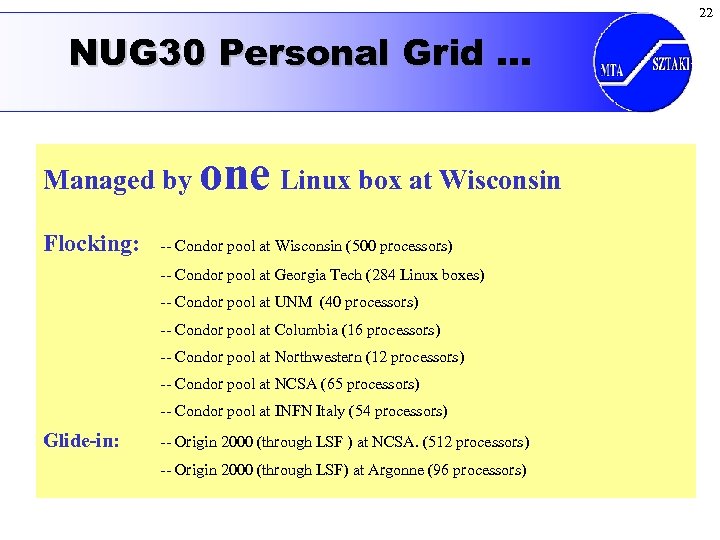 22 NUG 30 Personal Grid … Managed by Flocking: one Linux box at Wisconsin