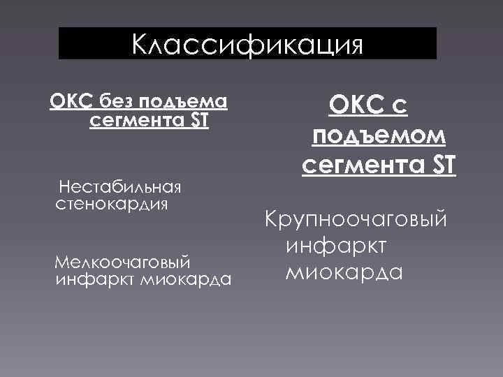 Классификация ОКС без подъема сегмента ST Нестабильная стенокардия Мелкоочаговый инфаркт миокарда ОКС с подъемом