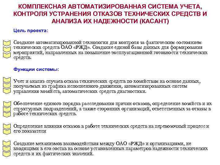 КОМПЛЕКСНАЯ АВТОМАТИЗИРОВАННАЯ СИСТЕМА УЧЕТА, КОНТРОЛЯ УСТРАНЕНИЯ ОТКАЗОВ ТЕХНИЧЕСКИХ СРЕДСТВ И АНАЛИЗА ИХ НАДЕЖНОСТИ (КАСАНТ)