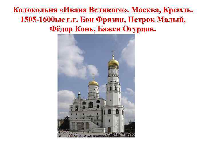 Колокольня «Ивана Великого» . Москва, Кремль. 1505 -1600 ые г. г. Бон Фрязин, Петрок
