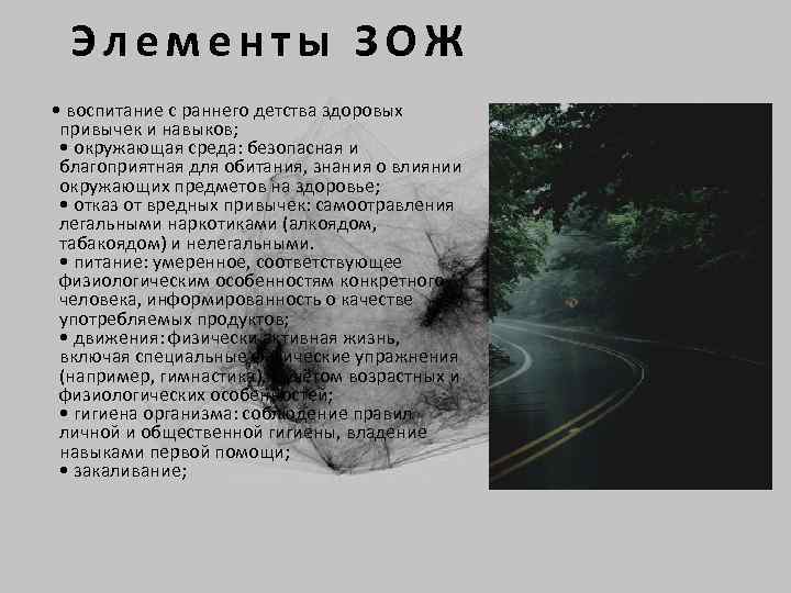 Элементы ЗОЖ • воспитание с раннего детства здоровых привычек и навыков; • окружающая среда: