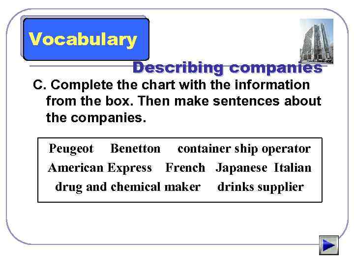 Vocabulary Describing companies C. Complete the chart with the information from the box. Then