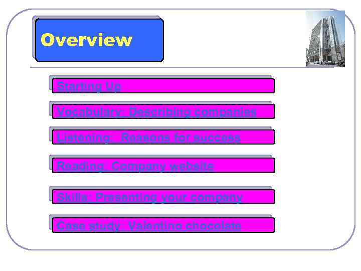 Overview Starting Up Vocabulary: Describing companies Listening: Reasons for success Reading: Company website Skills: