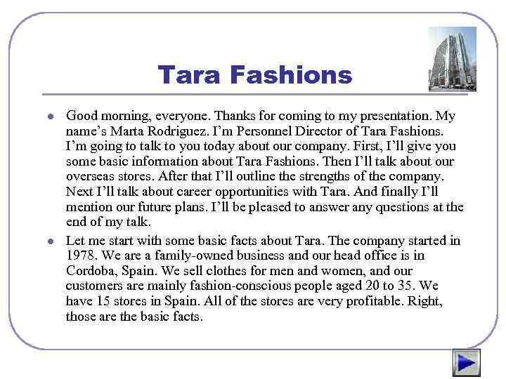 Tara Fashions l l Good morning, everyone. Thanks for coming to my presentation. My